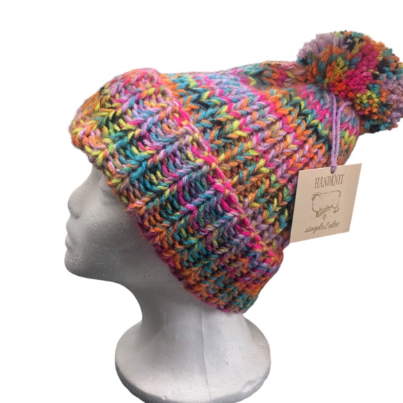 Pink Rainbow Bright Multi Color Double Strand Chunky Beanie with Pom Pom main image 6
